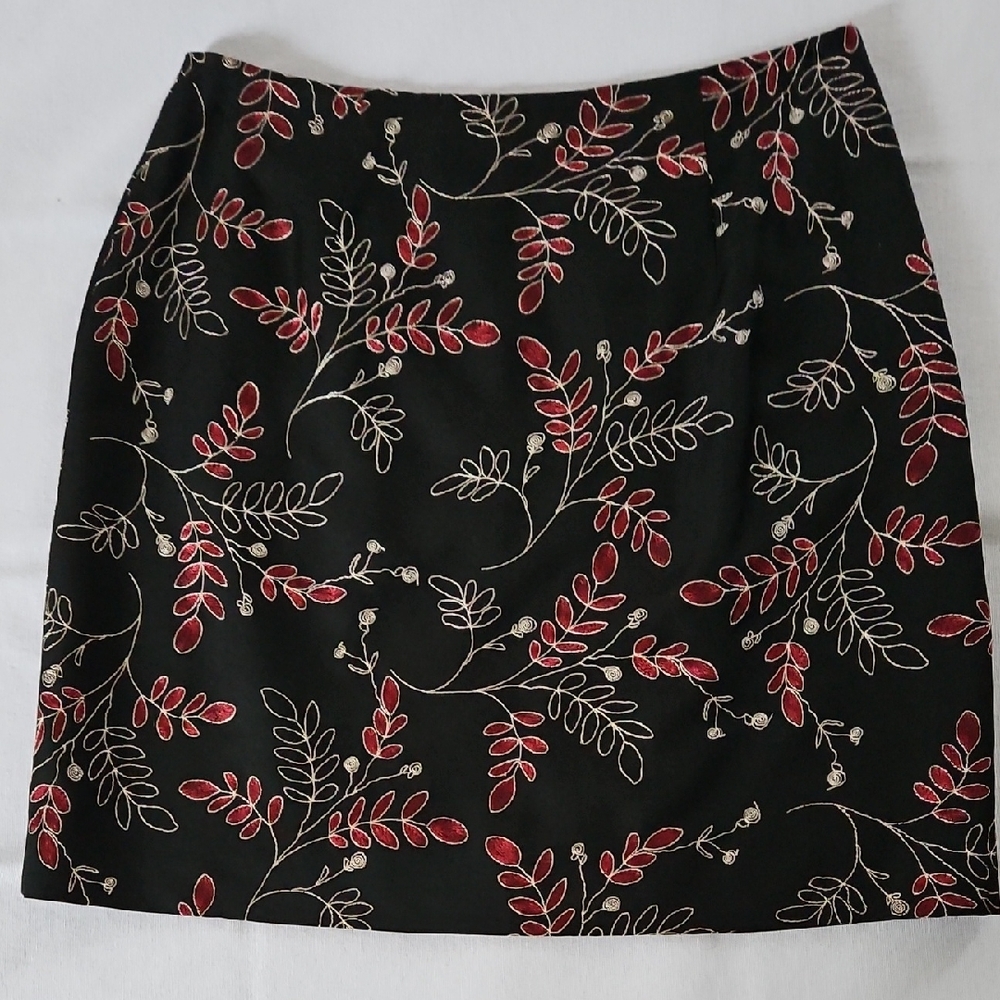 Ann Taylor Black Skirt with Red and Cream Embroidery